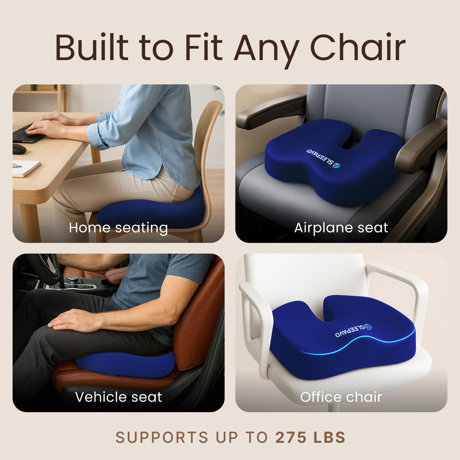 Sleepavo Cojín de asiento de espuma viscoelástica azul marino para silla de oficina, almohada para ciática, coxis, espalda, coxis y alivio del dolor de espalda baja, almohadilla ortopédica para silla
