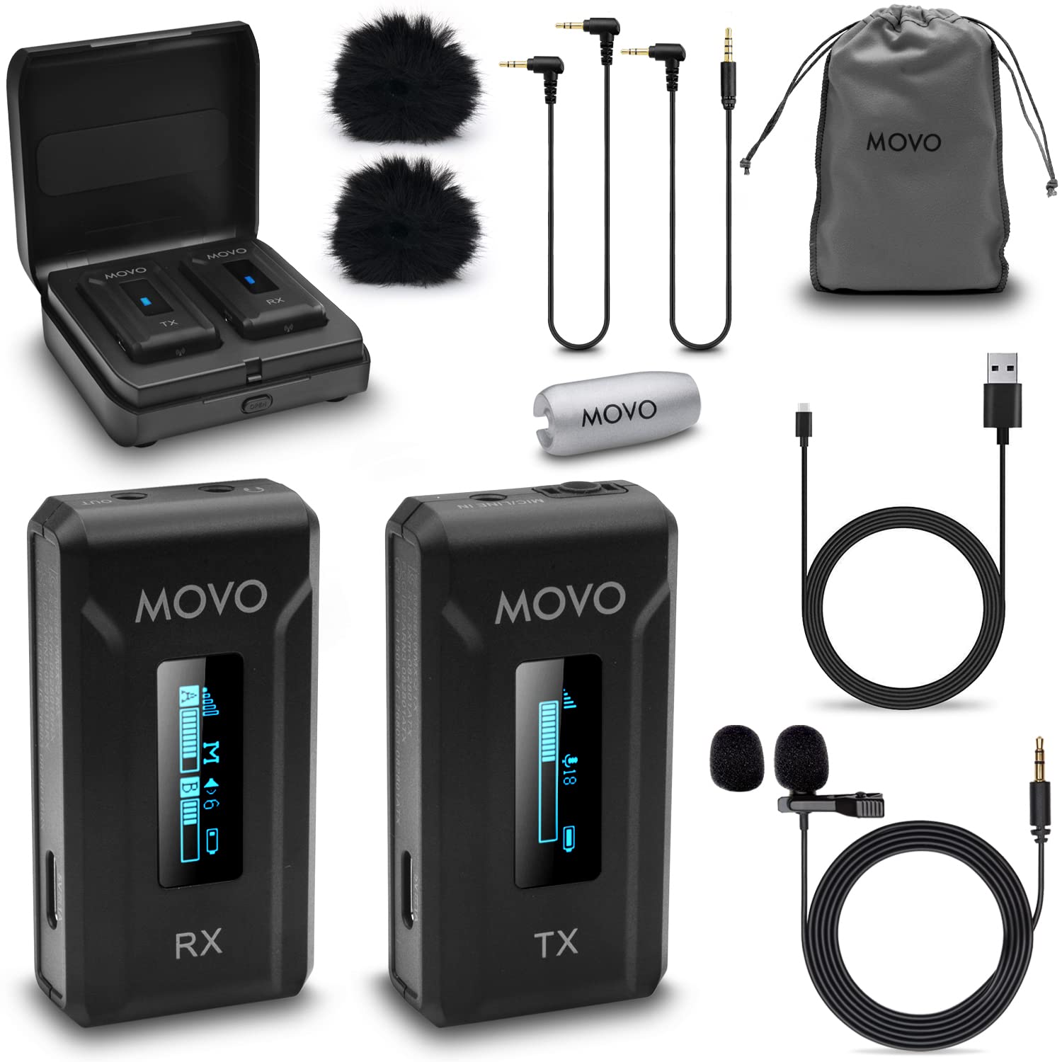 MovoWMX-2 Wireless Lavalier Microphone System with Charging Case, Onboard Mic, Clip-on Lapel Mic, 7HR Battery, 100m Range, Adjustable Gain, LED Display - for Camera, Smartphone, Video Recording