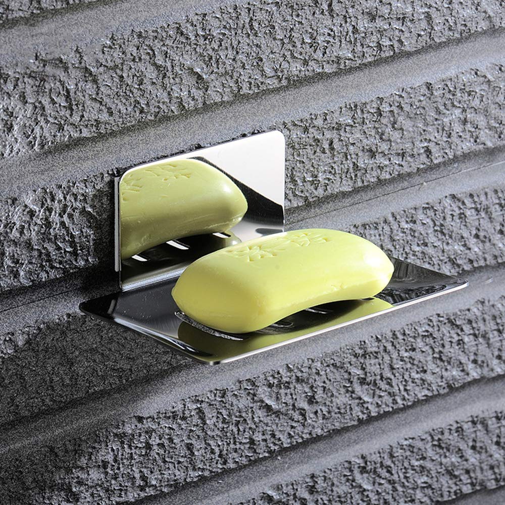 Jabonera con Drenaje, Soporte de Pared, Bandeja Acero Inoxidable, Acabado Autoadhesivo sin taladrar, fácil Limpiar(Chrome)