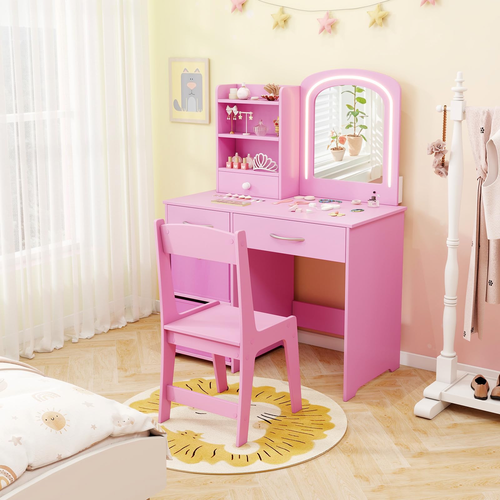 COSTWAY Tocador Infantil con Espejo Iluminado, Tocador de Maquillaje Niña con Espejo y Luces, Estantes Abiertos y 5 Cajones de Almacenaje, Mesa y Silla de Princesa para Niñas de 3+ Años (Rosa)