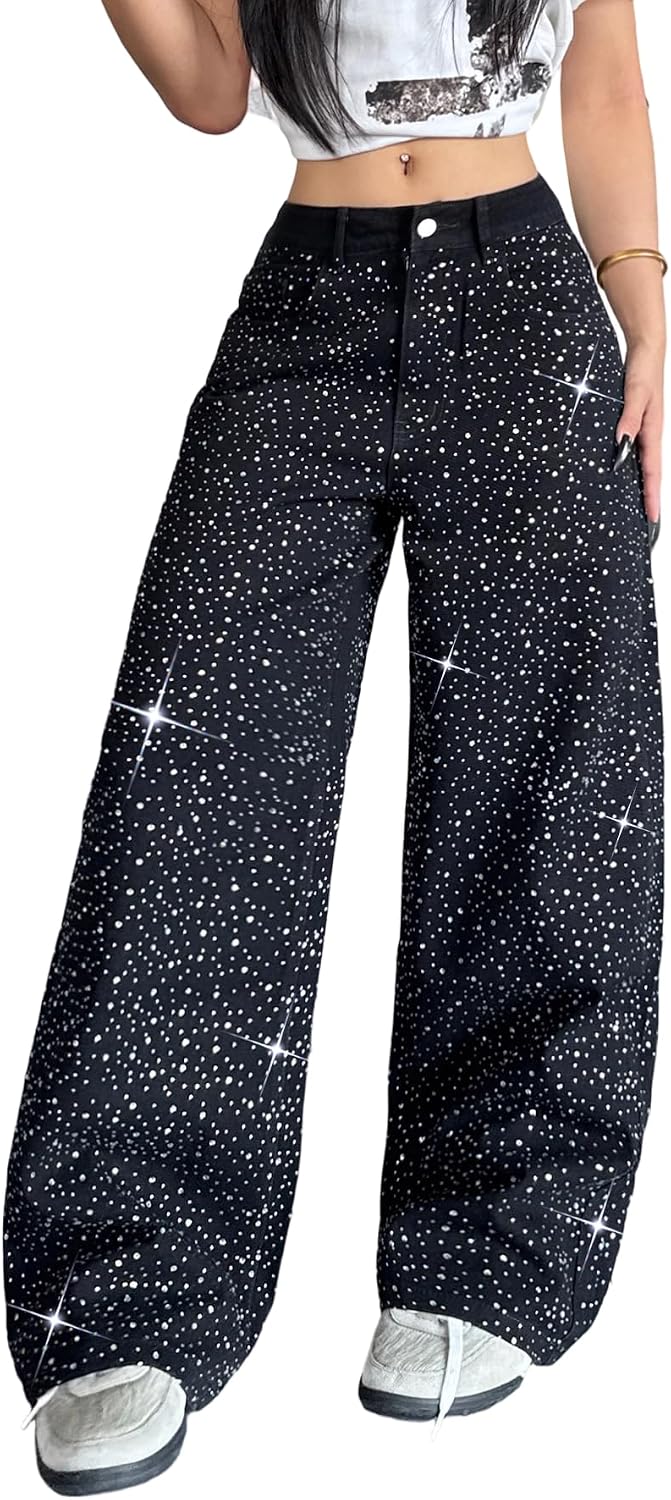 Womens Baggy Rhinestone Jeans Y2K Wide Leg Sparkly Bling Glitter Casual Denim Pants Trousers