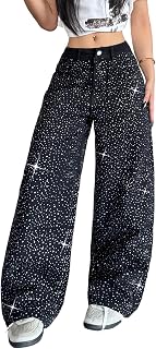 Womens Baggy Rhinestone Jeans Y2K Wide Leg Sparkly Bling Glitter Casual Denim Pants Trousers