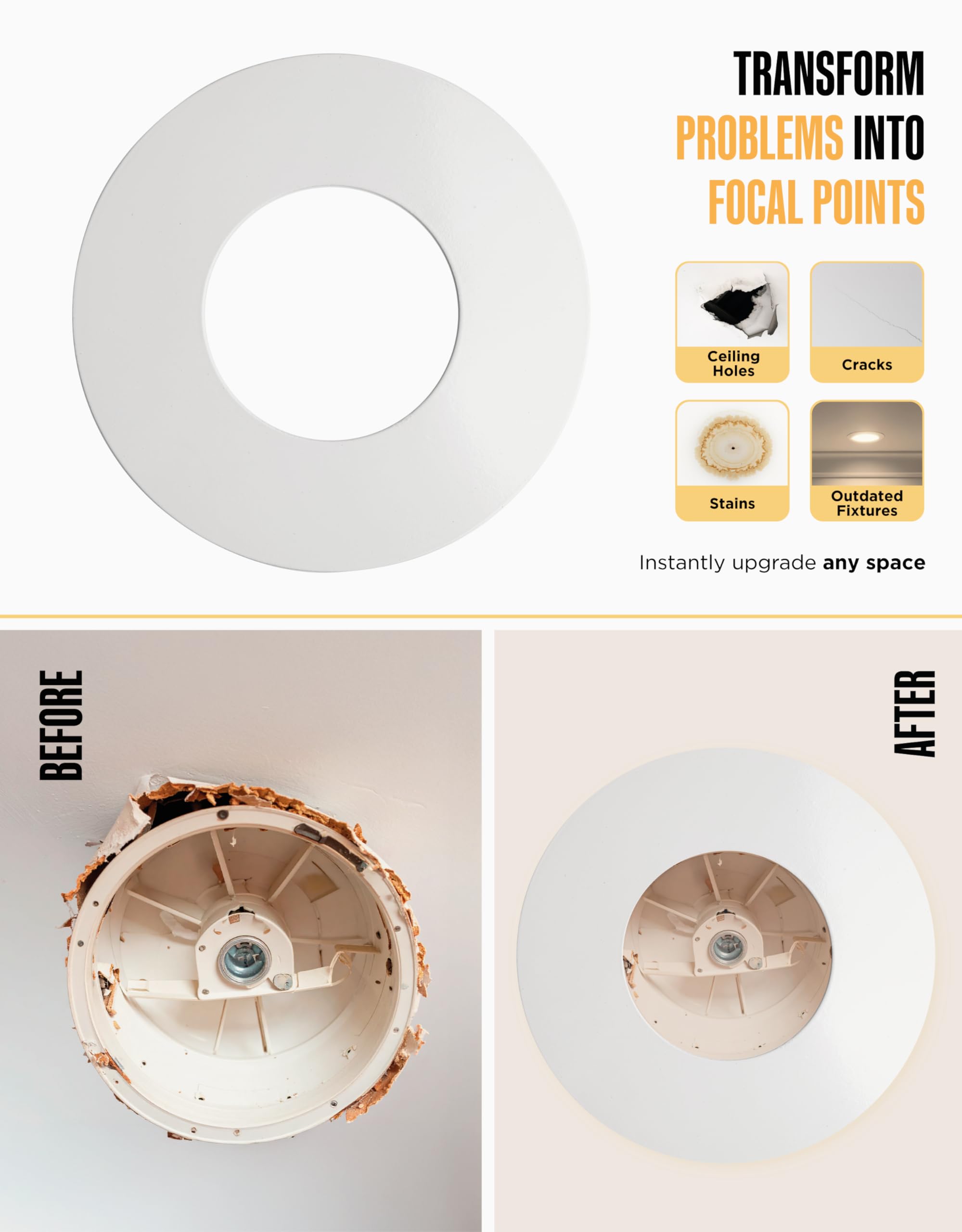 The Can Converter Ceiling Medallion for Recessed Can Light – Home Improvement Decorative Steel Flat Goof Ring & Cover Plate for 5" & 6" Cans, Small Ceiling Medallion for Chandeliers & Pendants, White — Amazon image 4