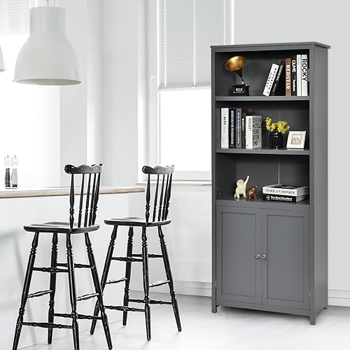 Miniatura 9 de LDAILY Estantería de almacenamiento de 3 niveles con puertas dobles, estantería alta de pie con gabinetes abiertos, estantes ajustables y