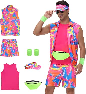 80s Outfit for Men, Neon Retro Workout Costume Set with Accessories
