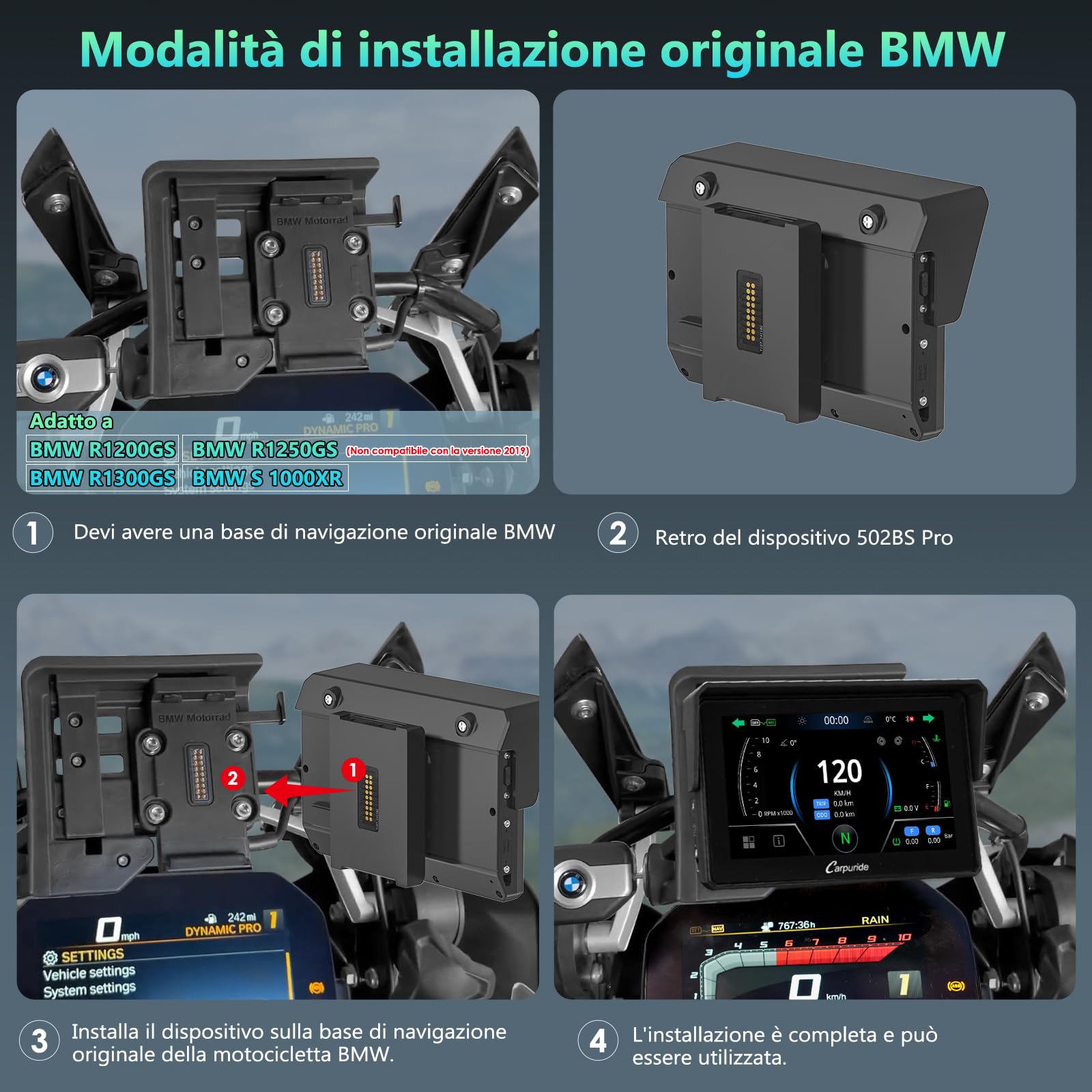 CARPURIDE W502BS Pro per Moto BMW CarPlay e Android Auto, Doppio Bluetooth, Schermo di Navigazione Impermeabile da 5 Pollici, Lettura dati, Native Wonder, TPMS, Sensore di luce, Condivisione di Musica
