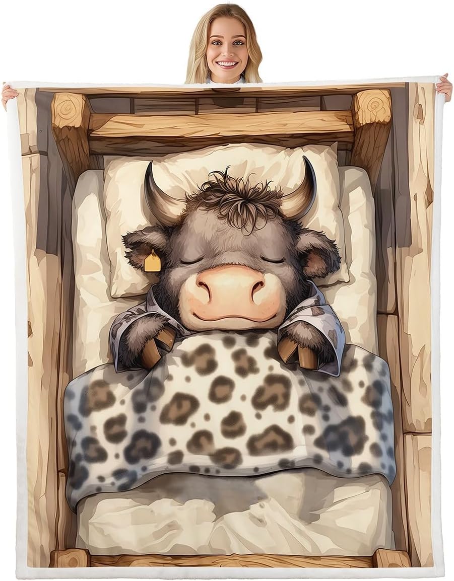 Sleeping Farm Cow Blanket Twin 60x80 Cartoon Highland Cattle Blanket for Kids Boys Girls Leopard Print Polyester Soft Fleece Blanket Rustic Wooden Board Blanket Living Room Decor