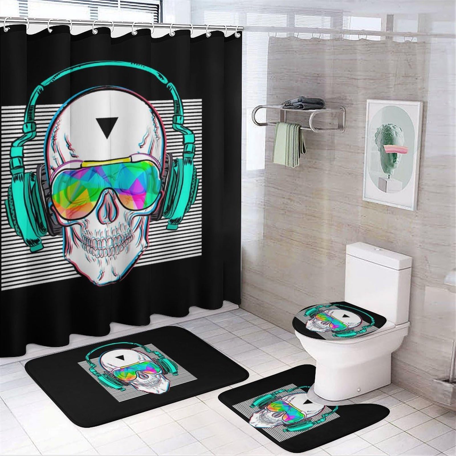 Wlntrophic Bathroom Mat Set 4 Piece, Rock And Roll Skull Shower Curtain with Non-Slip Bath Mats for Bathroom
