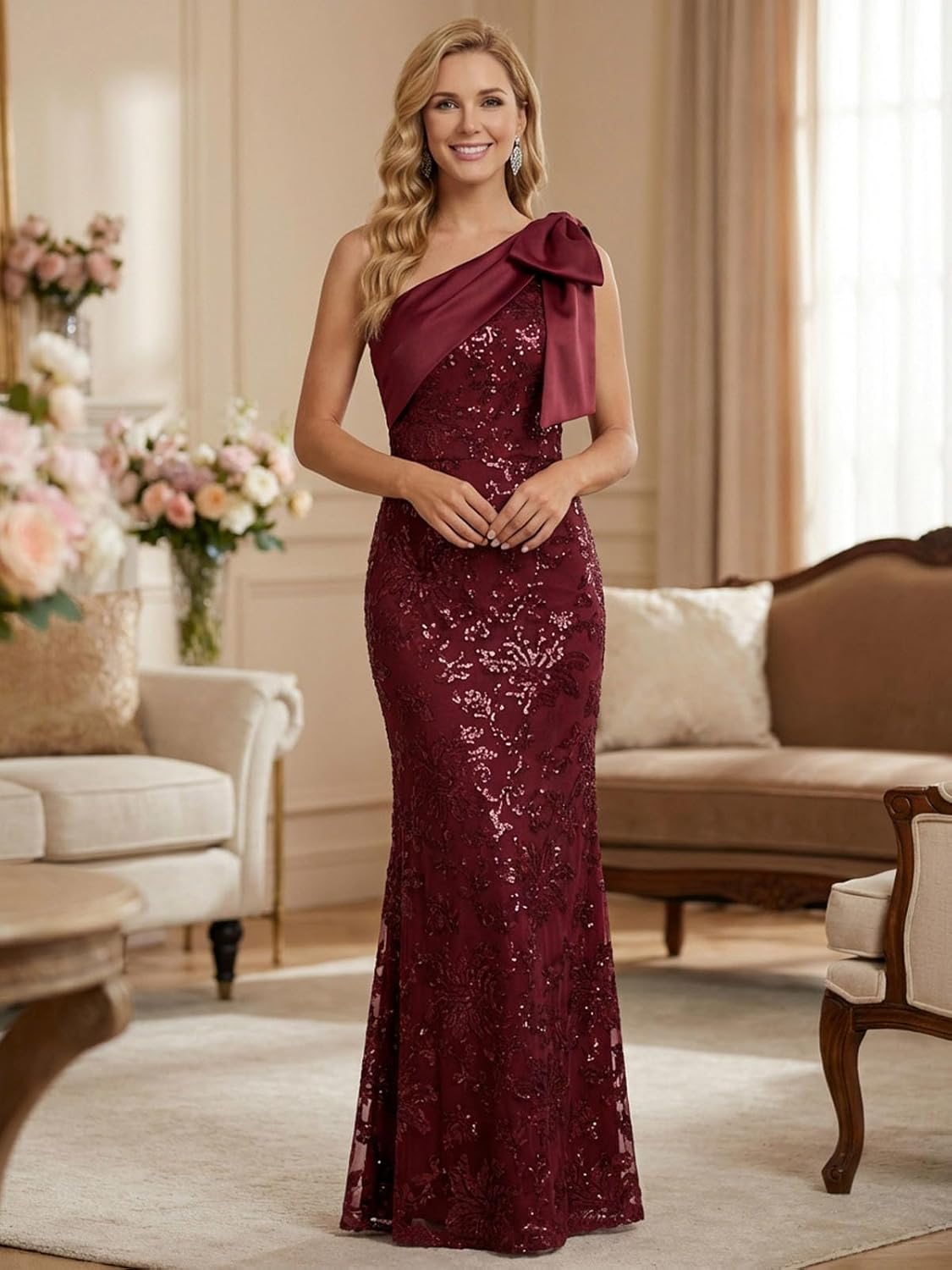 SNOWROSE Sequin Mother of The Bride Dresses for Women One Shoulder Long Formal Wedding Guest Dress with Bow