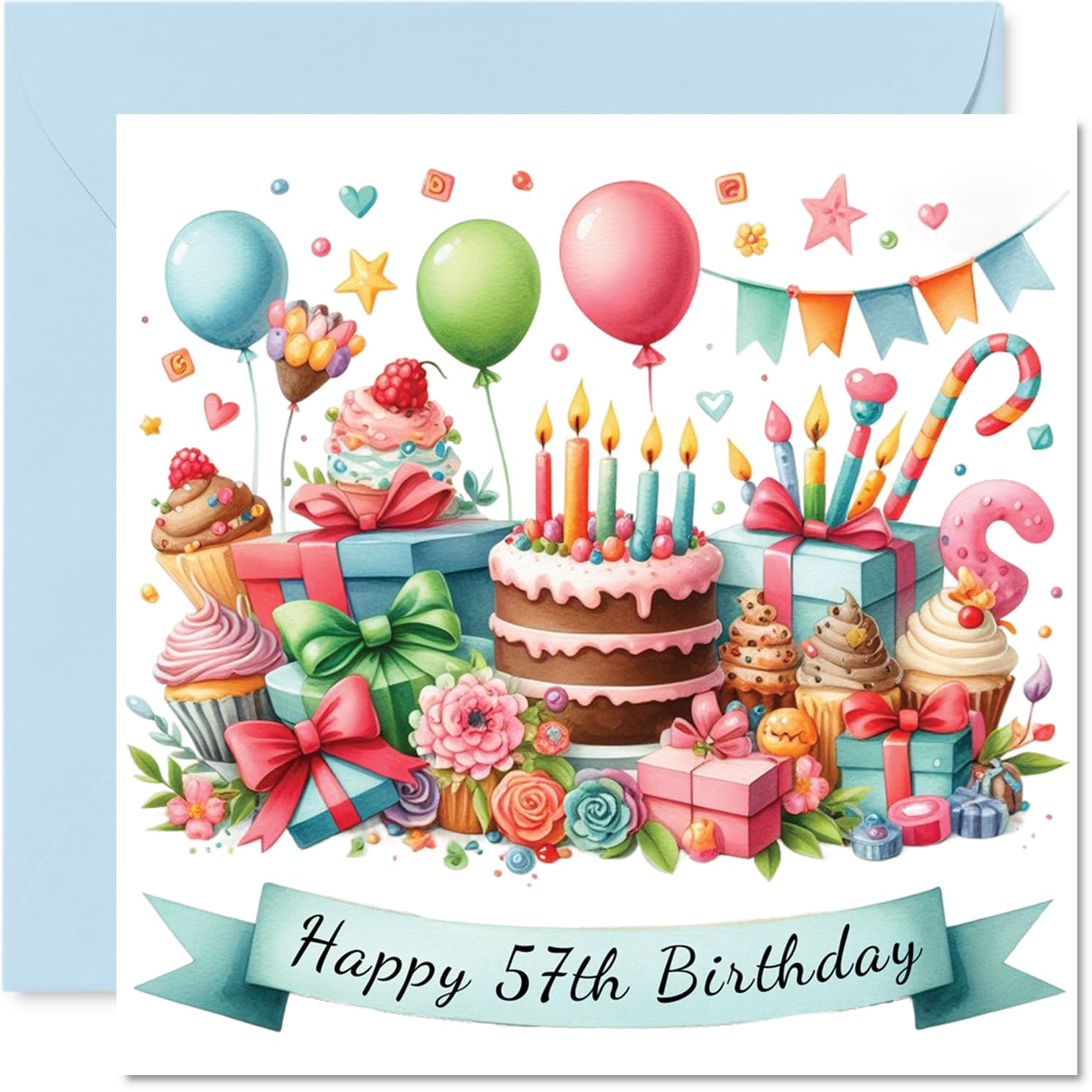 57th Birthday Cards for Women Men - Cake and Presents - Happy Birthday Card for 57 Year Old Woman Man Husband Wife Daughter Neighbour, 145mm Bday Greeting Cards
