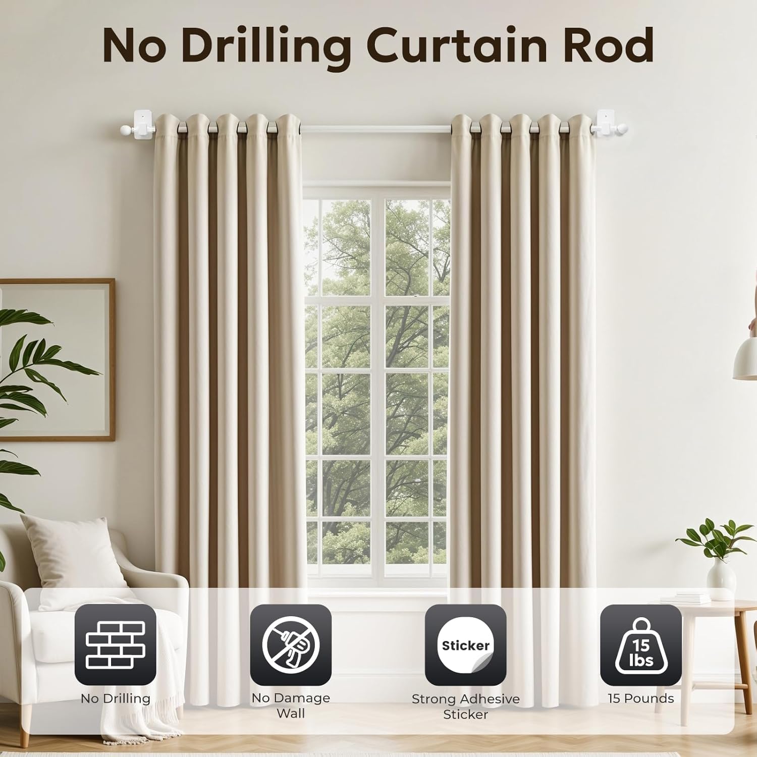 Zeerobee Curtain Rods No Drilling for Windows 48 to 84, No Drill Curtain Rods with Adhesive Brackets, 5/8 Inch Diameter Adjustable Renter Friendly Drapery Pole, White, 32"-86"
