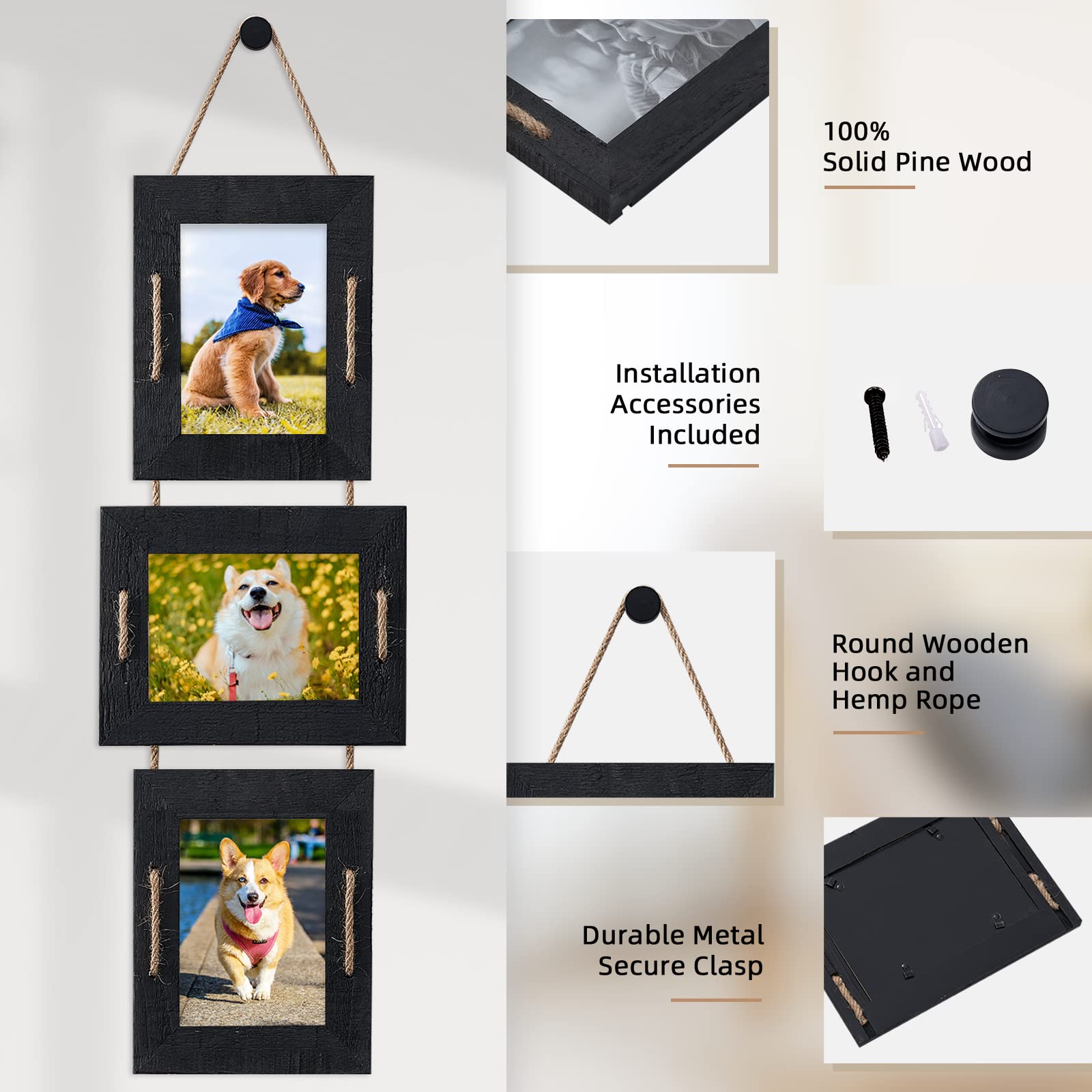 ABSWHLM 5x7 Hanging Picture Frames Rustic Solid Wood 3 Opening Picture Frame Collage Wall Mounted Set Display 4x6 Pictures with Mat or 5x7 Without Mat (Weathered Black, 2Pack)