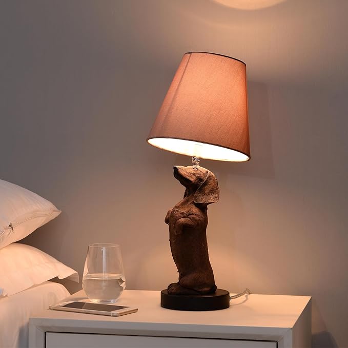 YANIC YANIC Lamp for Bedroom, Bedroom Nightstand, Classic Bedside Lamps, Lamps for Night Stands, Adjustable Angle Dog Statue Rocker Switch Brown Fabric Shade Mental Base (24112A) photo 3