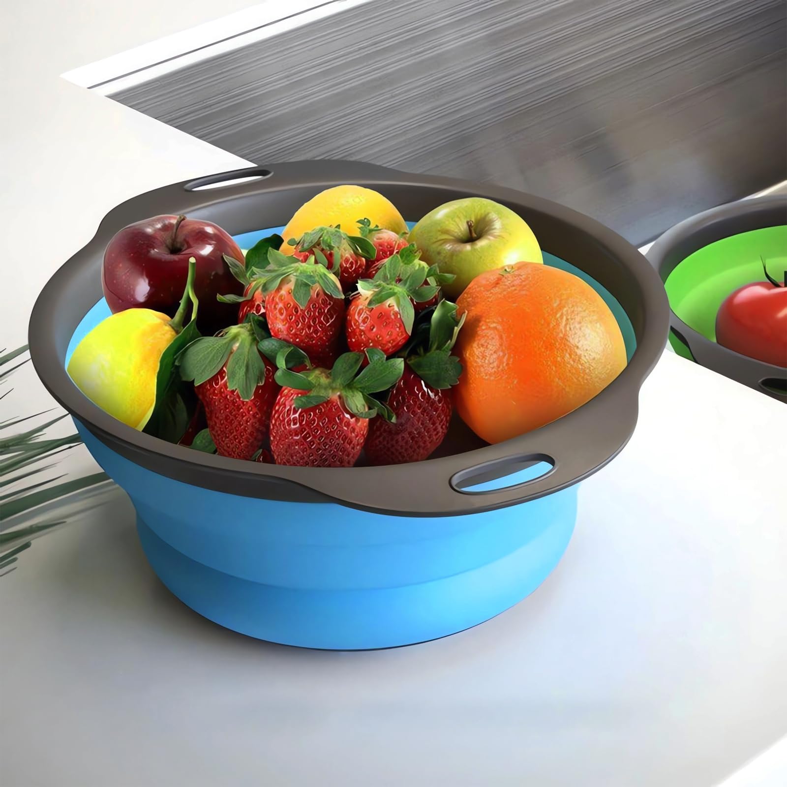 Set di 3 colini pieghevoli salvaspazio per cucina, 3 misure, colino per scolare pasta, verdura e frutta, gadget da cucina per uso domestico e campeggio all'aperto (blu)