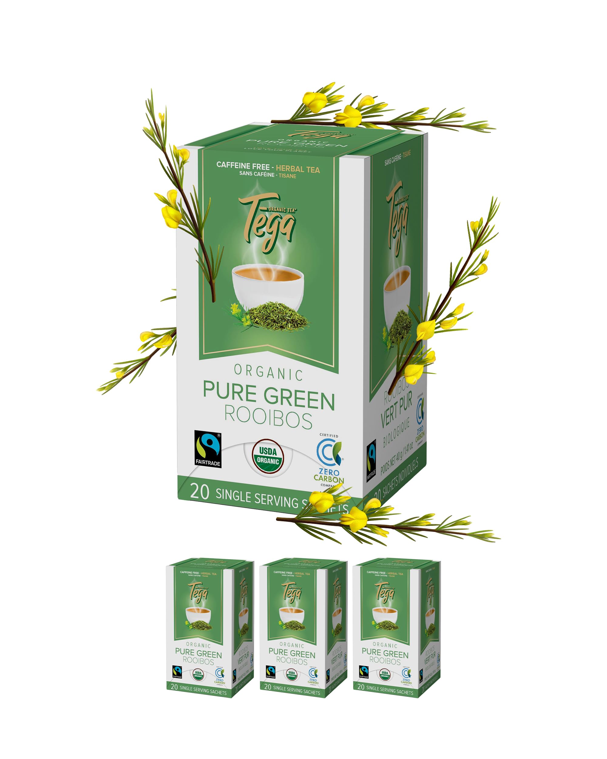 Tega Orgetic Purer Green Rooibos Tée Éco-Conçue en Sachets de Tée Sans Caféine, Engagé en Matière de Droits Humains, Neu