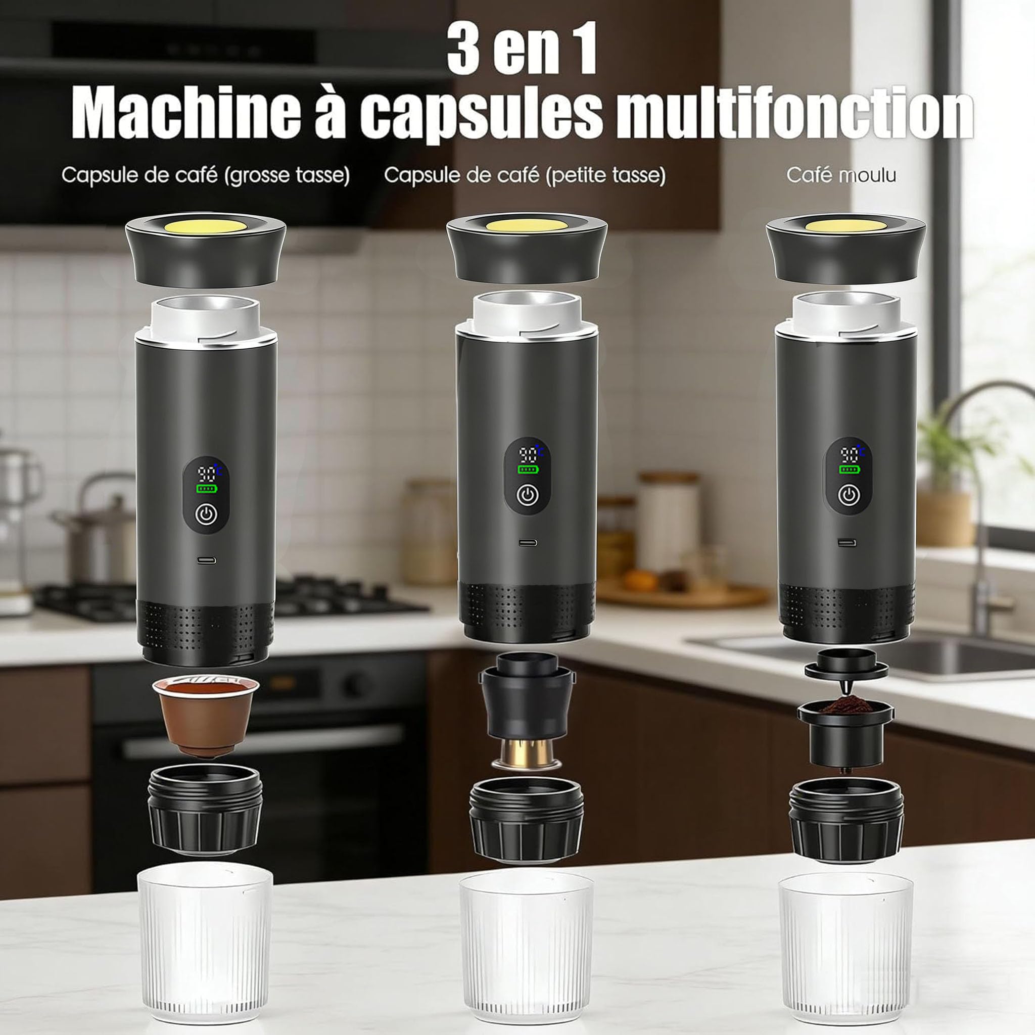3 En1 Machine à Café Portable de Voyage,pour RV, camping,randonnée, bureau | Avec auto-chauffage,avec Charge USB-C,Cafetière avec café moulu et capsule NS,Machine à café électrique portable