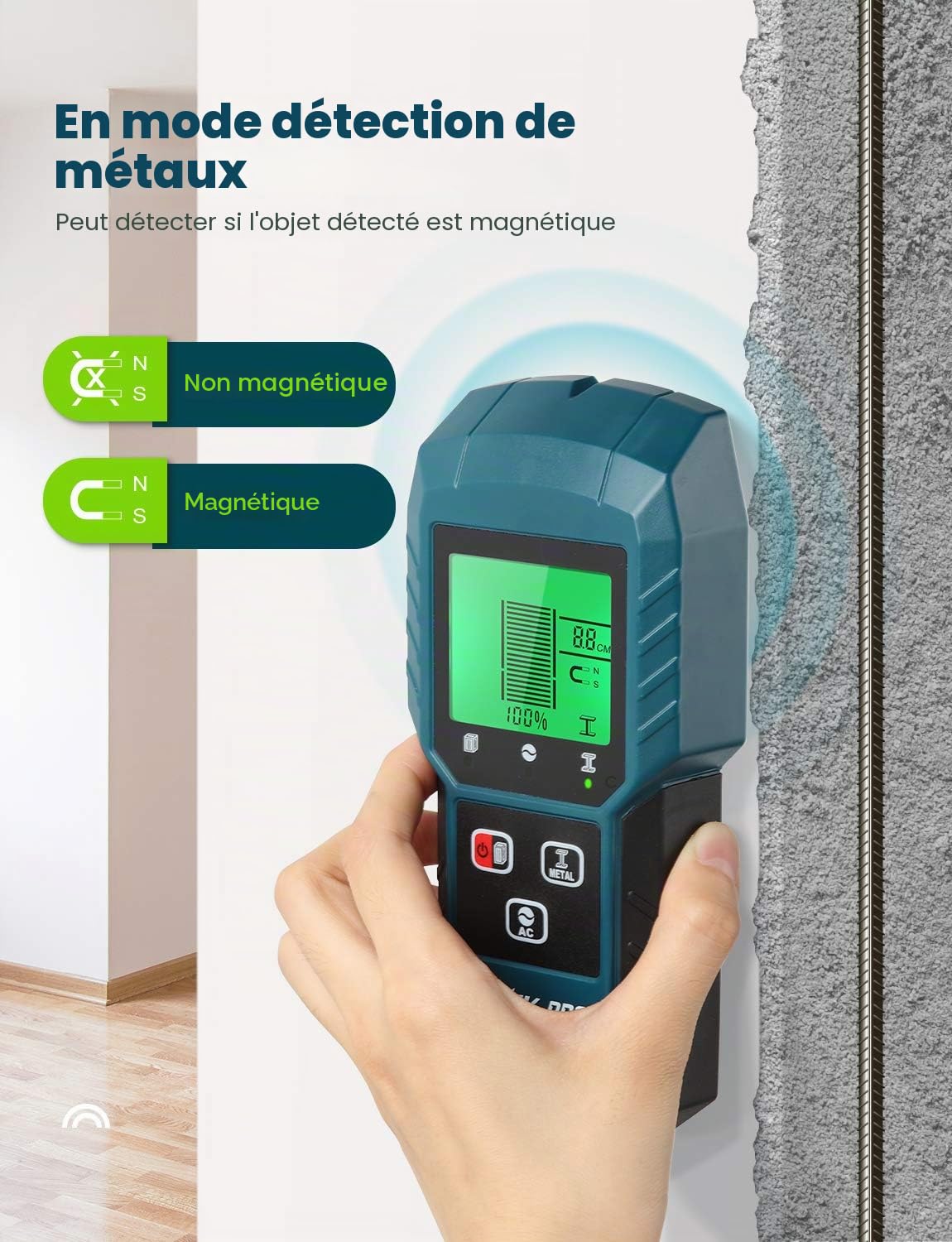 5 en 1 Détecteur numérique en métal et câbles électriques Stud Finder avec LCD et indicateur acoustique portable multifonctions, détection de bois/métal magnétique ou non magnétique/AC