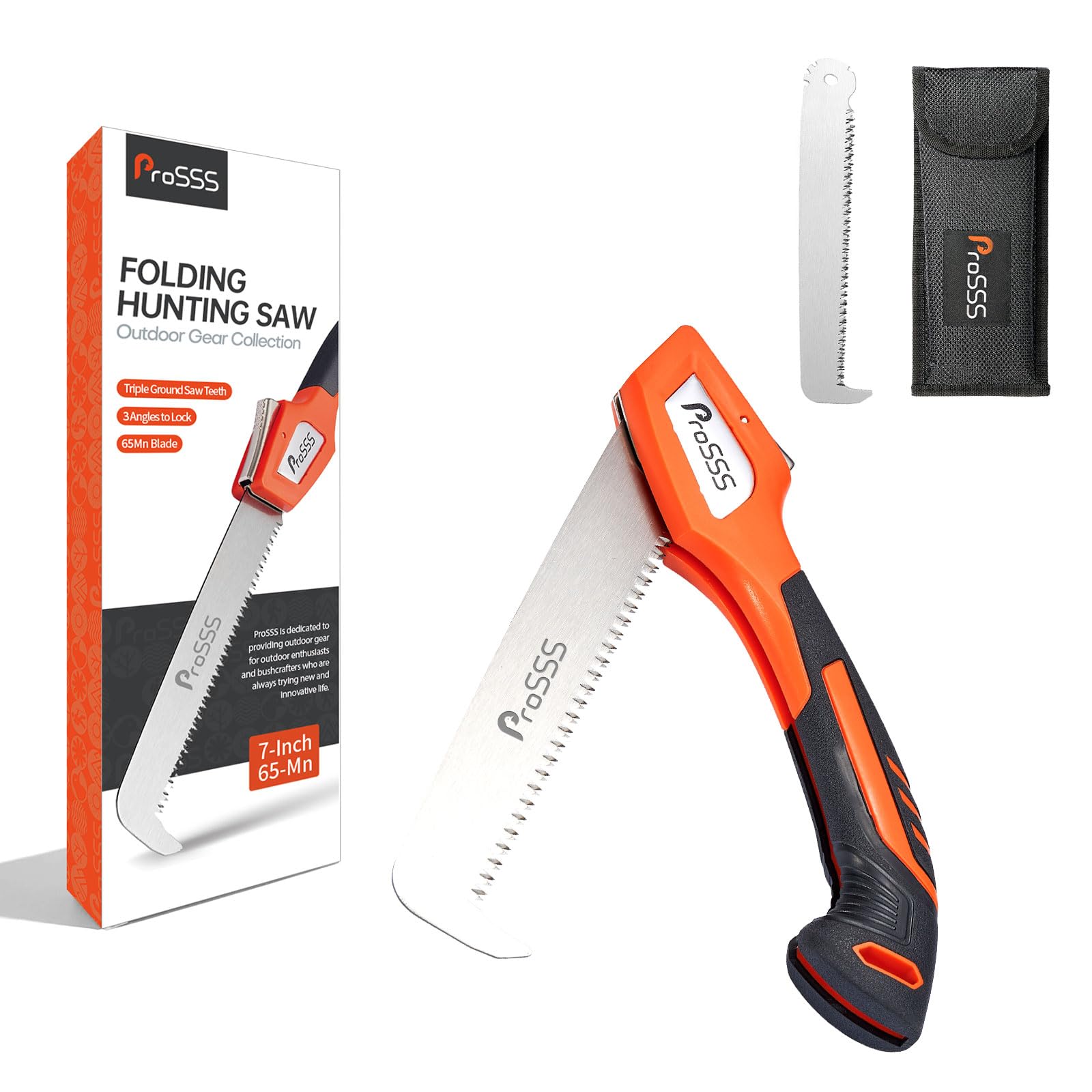 Folding Bone Meat Saw for Hunting and Butchering,1PC Replaceable Blade, 65Mn Spring Steel Blade, 3 Angles to Lock, Triple Ground Saw Teeth with A Storage Bag