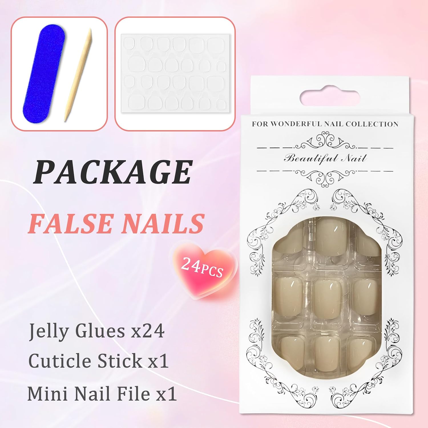 24PCS Press on Nails Short Square Pure Color Acrylic Nails Set French Tip False Nails Reusable Fake Nails Natural Removable Glue-on Nails Women Girls Nail Art Accessories - Cream White image 5