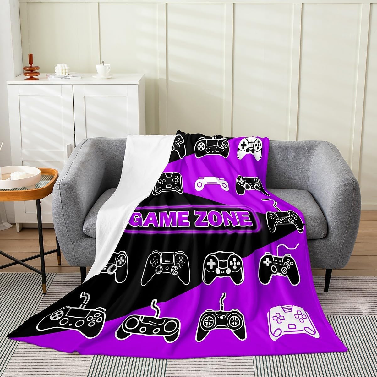 Gamepad Controller Kids Flannel Blanket,Video Game Console Gaming Gamer Bed Blanket for Girls Boys,Modern Fashion Purple Black Unique Fuzzy Blanket,Throw Size (50 x 60 Inches) image 3