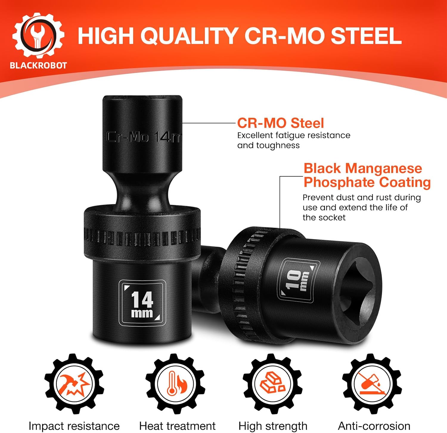 BLACKROBOT 1/2" Drive Swivel Socket Set, 10 Pieces Shallow Universal Impact Socket Set, Metric(10-19mm) Flexible Wobble Socket Set, 6 Point, CR-MO