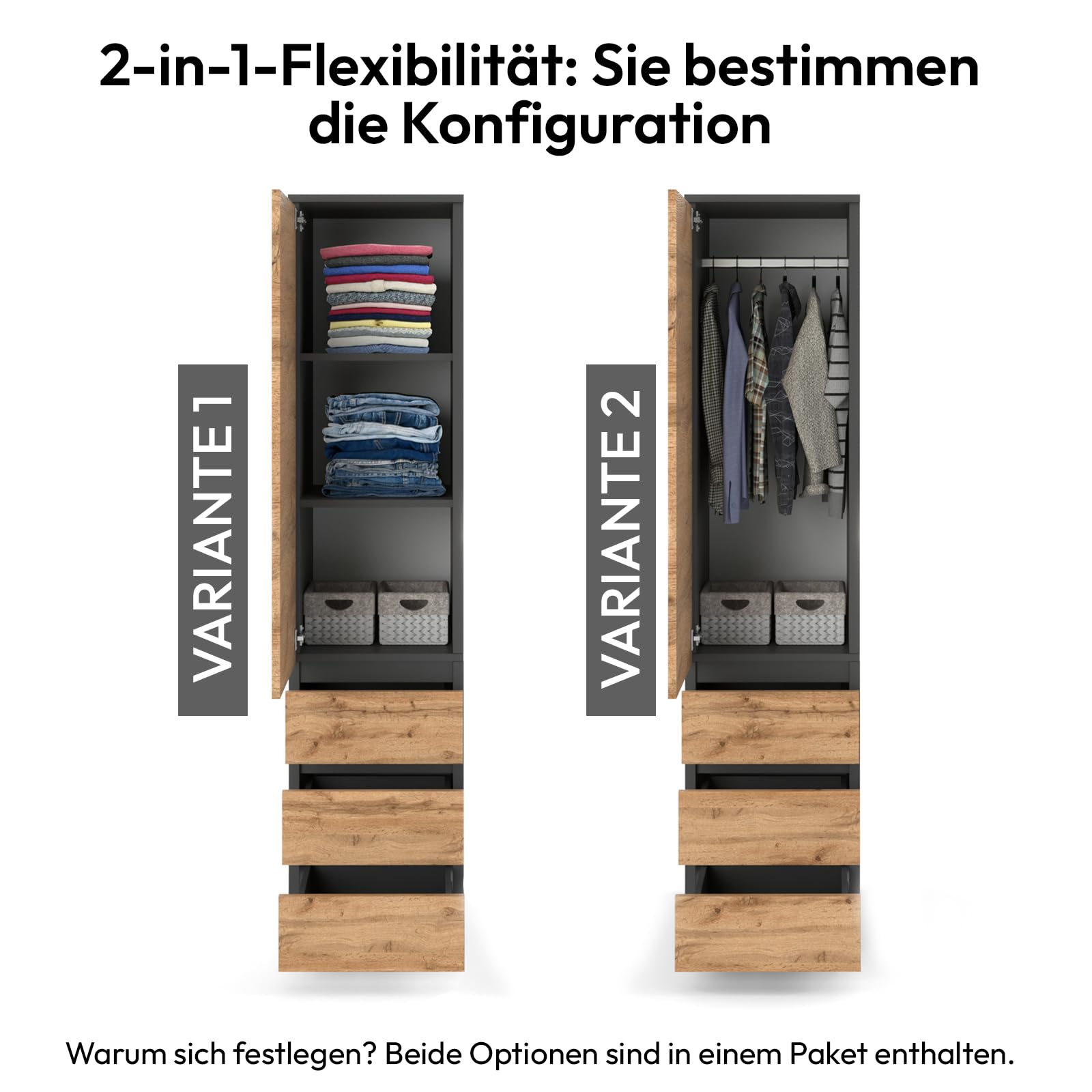 ELVA Kleiderschrank 40 cm breit – Modularer Mehrzweckschrank Anthrazit / Wotan Eiche – Grifflos Design Hochschrank mit Schubladen & Türen – Schmaler Vorratsschrank für Schlafzimmer, Flur & Büro