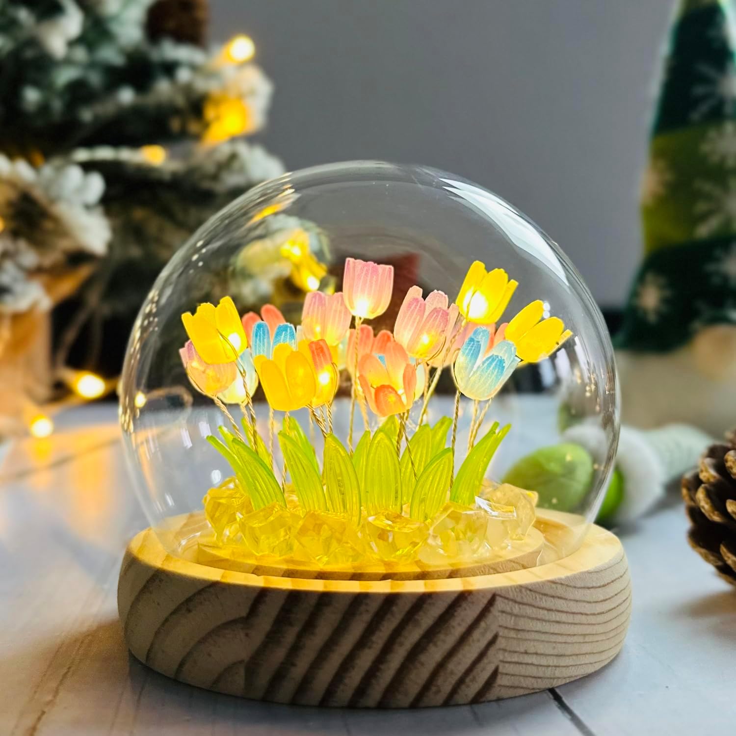 (20 Flower) Assembled Tulip Lamp Night Light with Glass Dome, Handmade Artificial Flower Table Lamp Bedroom Desk Decoration for Women Girlfriend Sister Besties Birthday Christmas Gift (Multicolor)