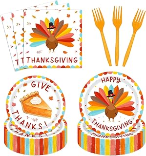 96PCS Thanksgiving Turkey Disposable Plates and Napkins Fall Give Thanks Tableware Set Happy Thanksgiving Dinnerware Party Decorations Serve 24 Guests