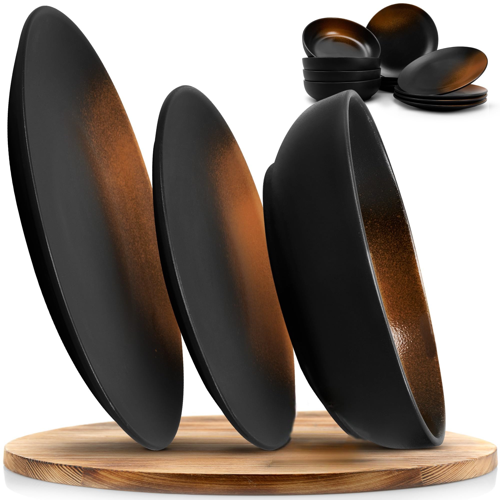 12-teiliges Geschirr-Set aus Steinzeug – Prairie Linie-edles Design im braun/schwarz Farbton, Service bestehend aus 4 Speisetellern, 4 Desserttellern und 4 tiefen Tellern/Premium Kollektion