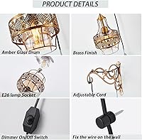 Vista 7 de Juego de dos apliques de pared bohemios, regulables, vintage, con cable enchufable, brazo de metal dorado, lámpara colgante de montaje en pared