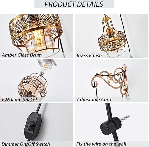 Miniatura 7 de Juego de dos apliques de pared enchufables, apliques de pared de bronce, lámpara de pared regulable con enchufe de 8 pies de cable de interruptor de