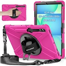 BRAECNstock Case for Samsung Galaxy Tab S10+ Plus/S9 Plus/S9 FE+/S8 Plus/S7 Plus /S7 FE 5G 12.4", Heavy Duty Shockproof Cover with Pen Holder, 360 Rotating Hand Strap & Stand, Shoulder Strap, Rose