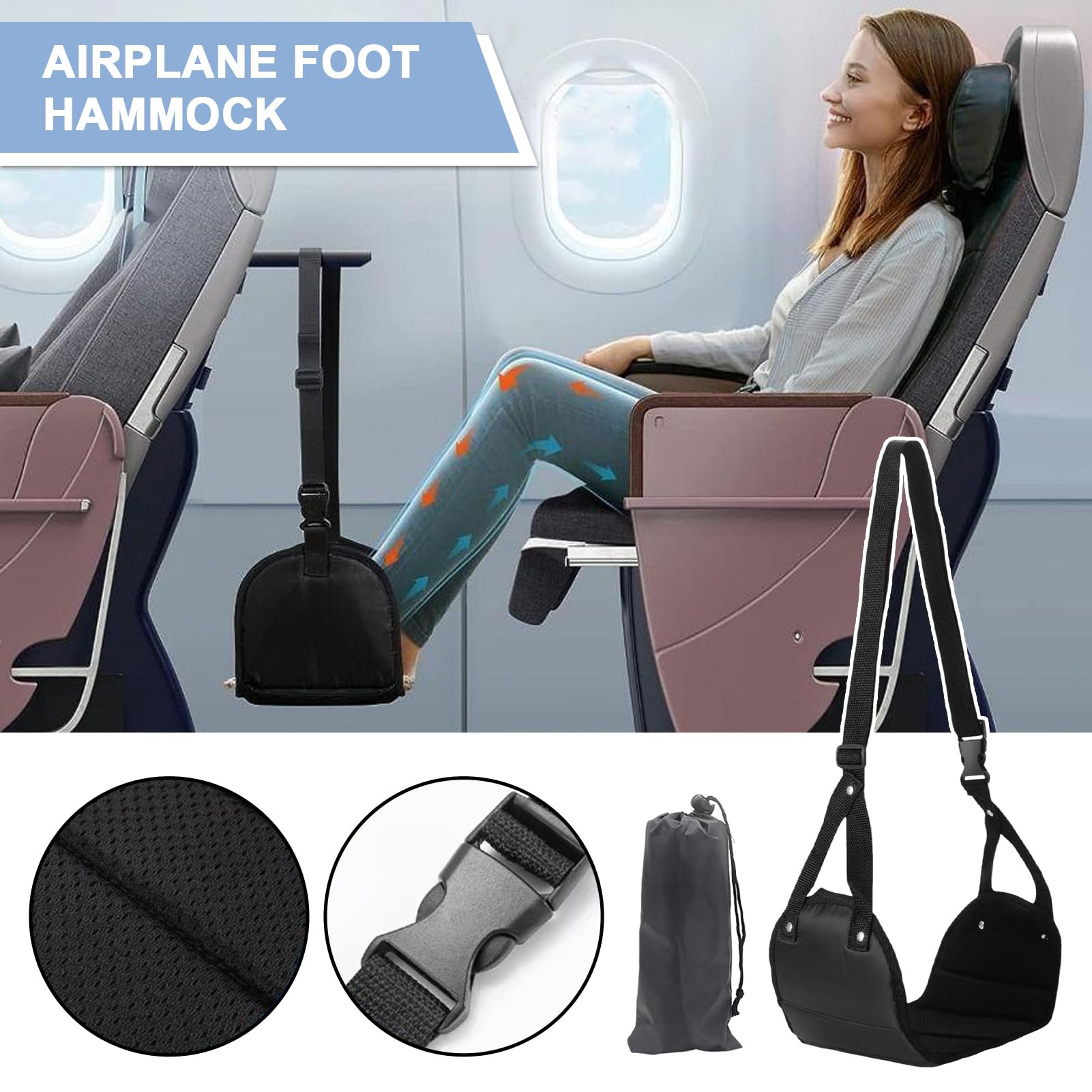 Airplane Foot Hammock, Adjustable Height Travel Foot Sling, Portable Feet Rest Hanger Soft Pad Support, Ideal for Long Flights, Car Travel, Train Commute, High-Speed Rail Comfort, 49x43.5cm Black