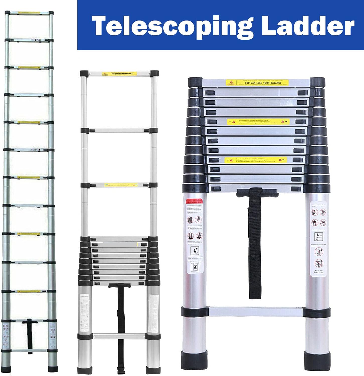 Heavy Duty Telescoping Extension Ladder 16.4ft Aluminum Portable Ladder 330lb Capacity EN131 Certificated 13 Extendable Steps Folded Height 3.2ft, Adjustable Height, Easy to Transport