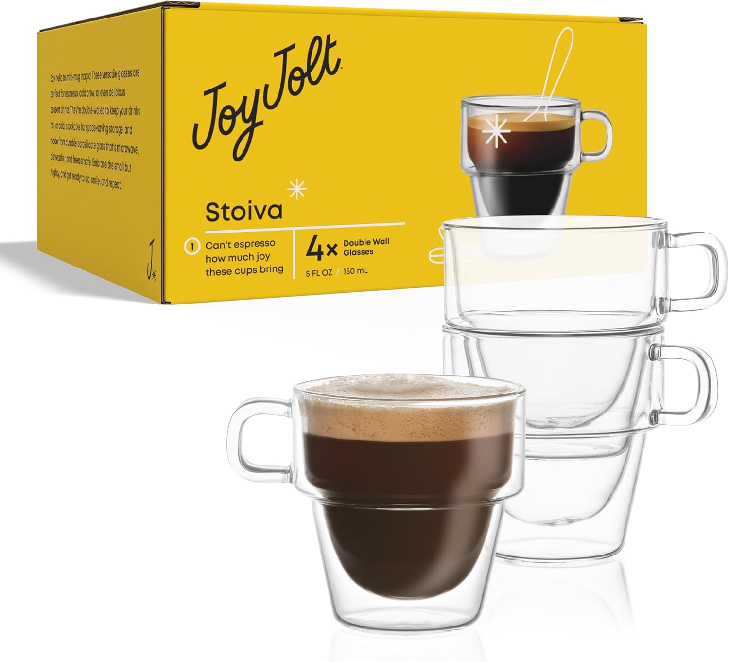 JoyJolt Stoiva Double Wall Insulated Espresso Glass Cups – 5 oz. (150 ml) Shot Cup with Handle – Stackable Thermal Clear Glass Cups, Fit for Espresso Machine and Coffee Maker – Set of 4 - Image 8