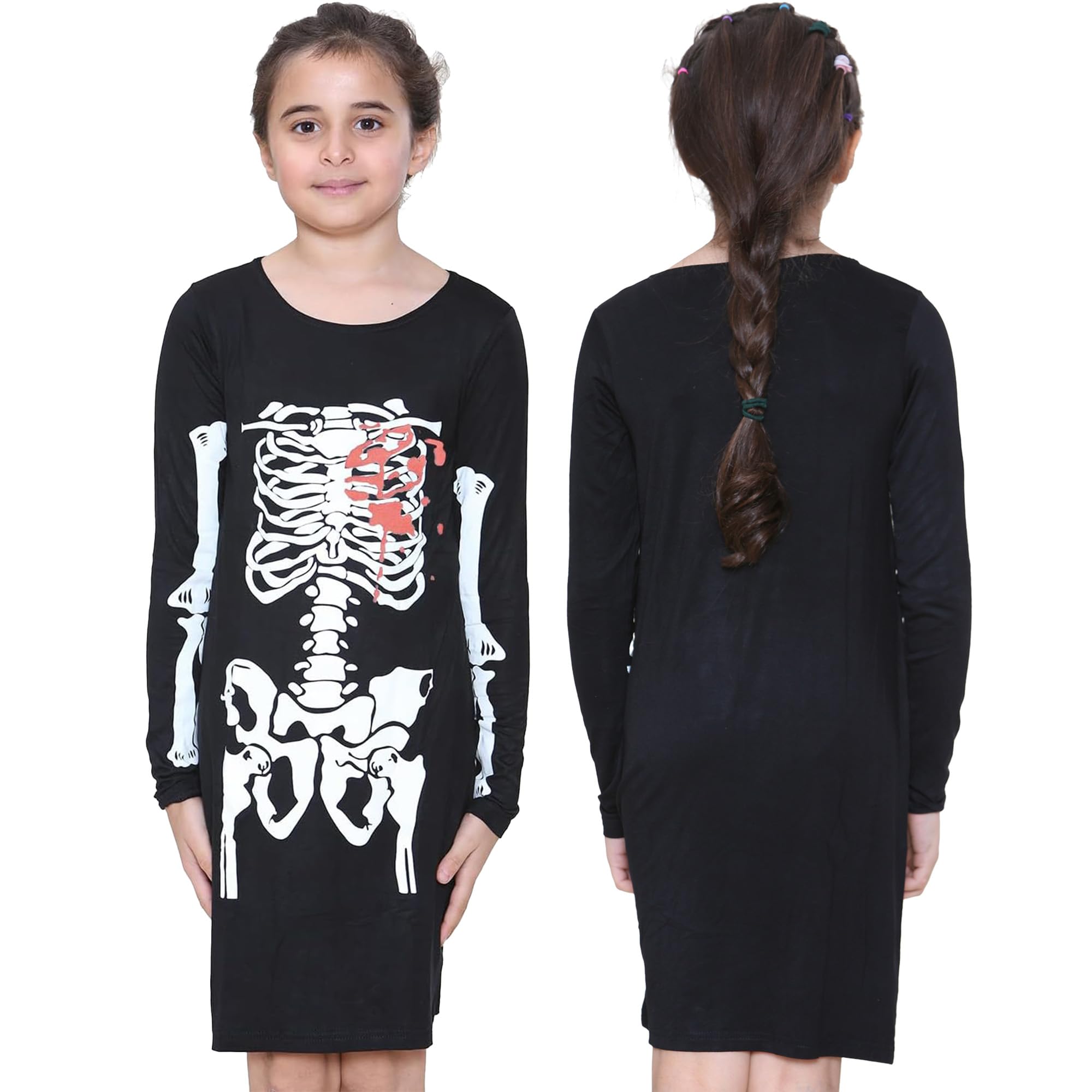 Noroze Girls Skeleton Heart Halloween Skeleton Bodycon Dress Tunic Tops Blood Heart Bones Printed Long Sleeve Midi Dresses Top Spooky Scary Costumes Uk Sizes 5-13 Years