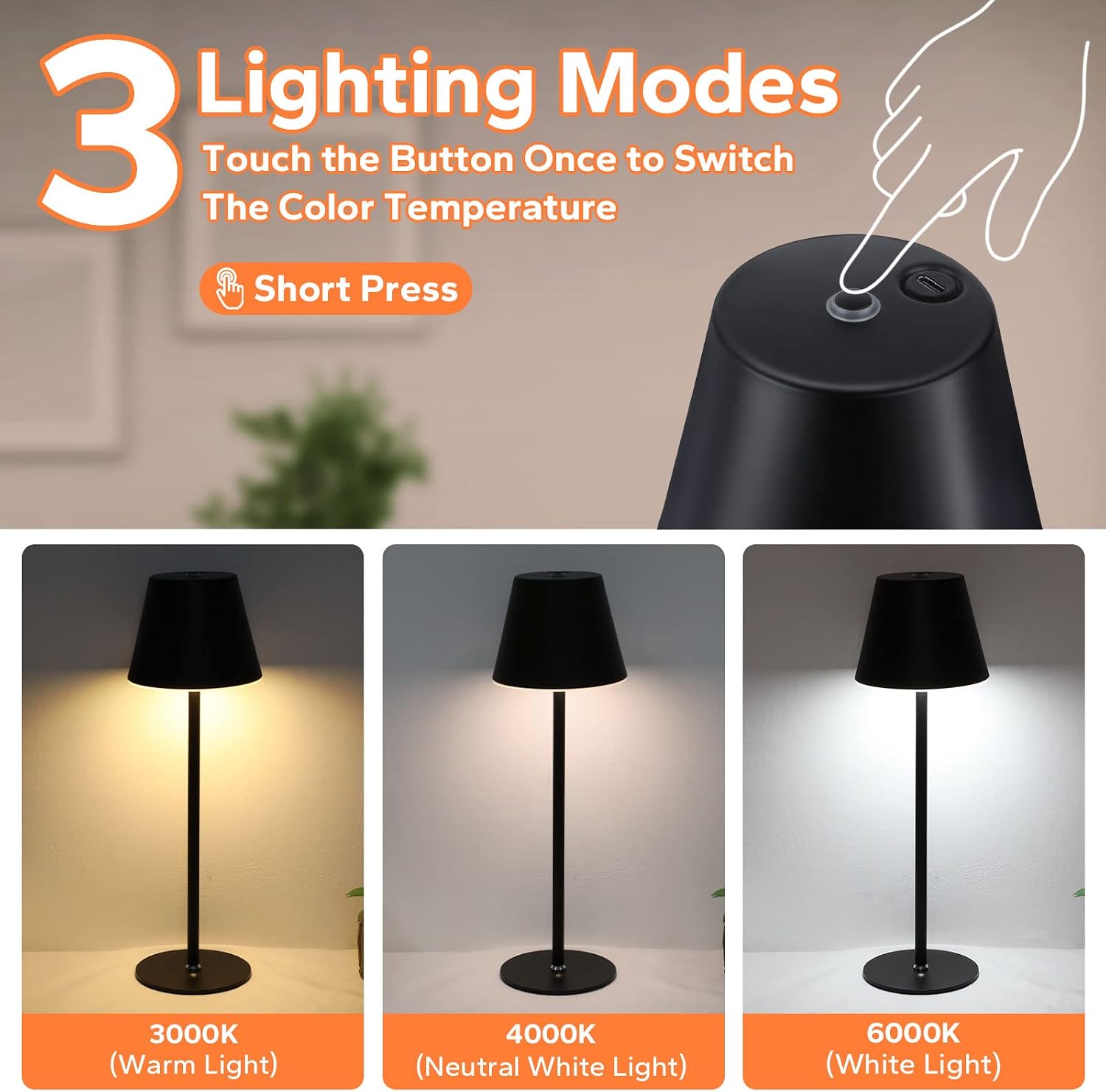 Cordless Table Lamp, Rechargeable LED Night Light, 3 Color Stepless Touch Dimmable Desk Lamp, Minimalist Portable Table Lamp, Battery Operated Lamp for Home Couple Dinner Restaurant Bedroom Cafe