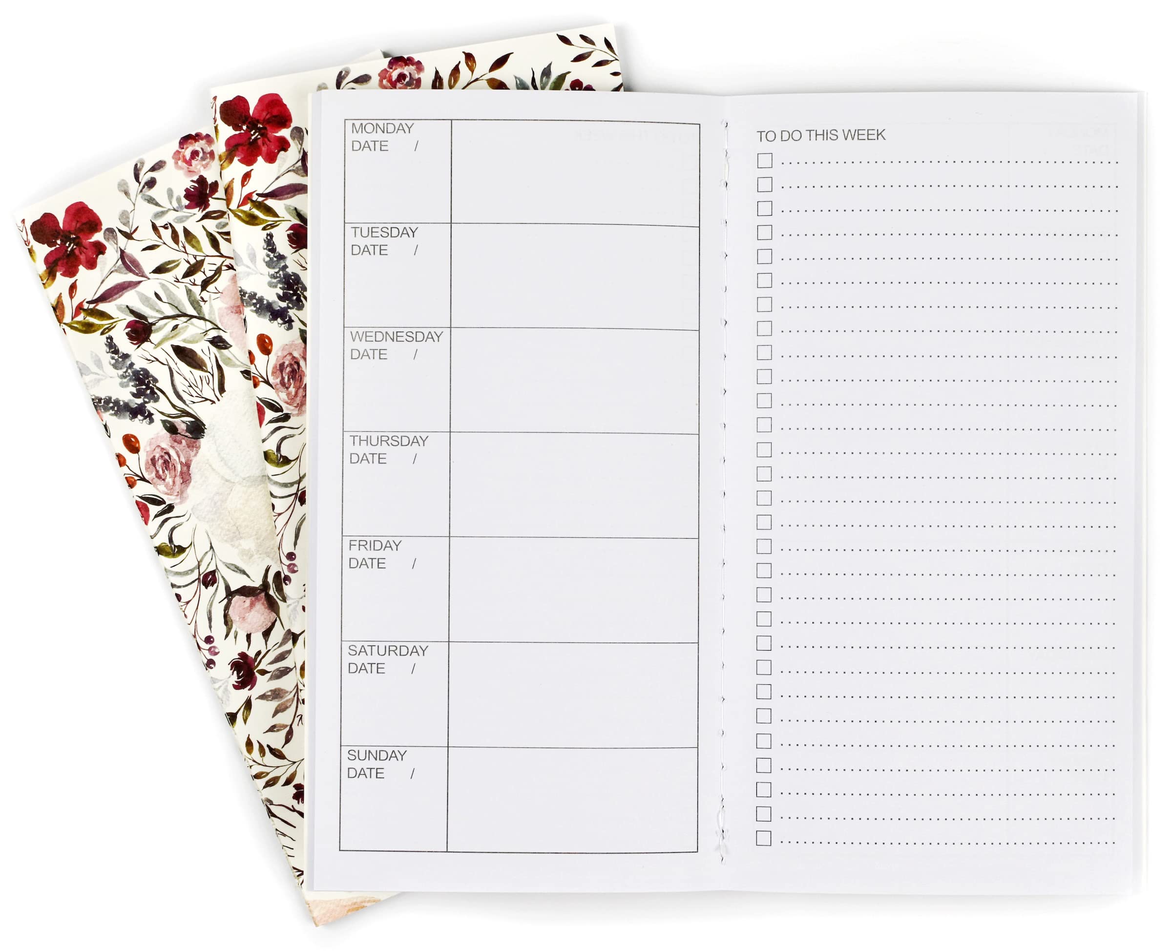 RICCO BELLO Travelers Notebook Refill Inserts, Floral Weekly To Do Undated Calendar, 8.25 x 4.25 inches (Set of 3)