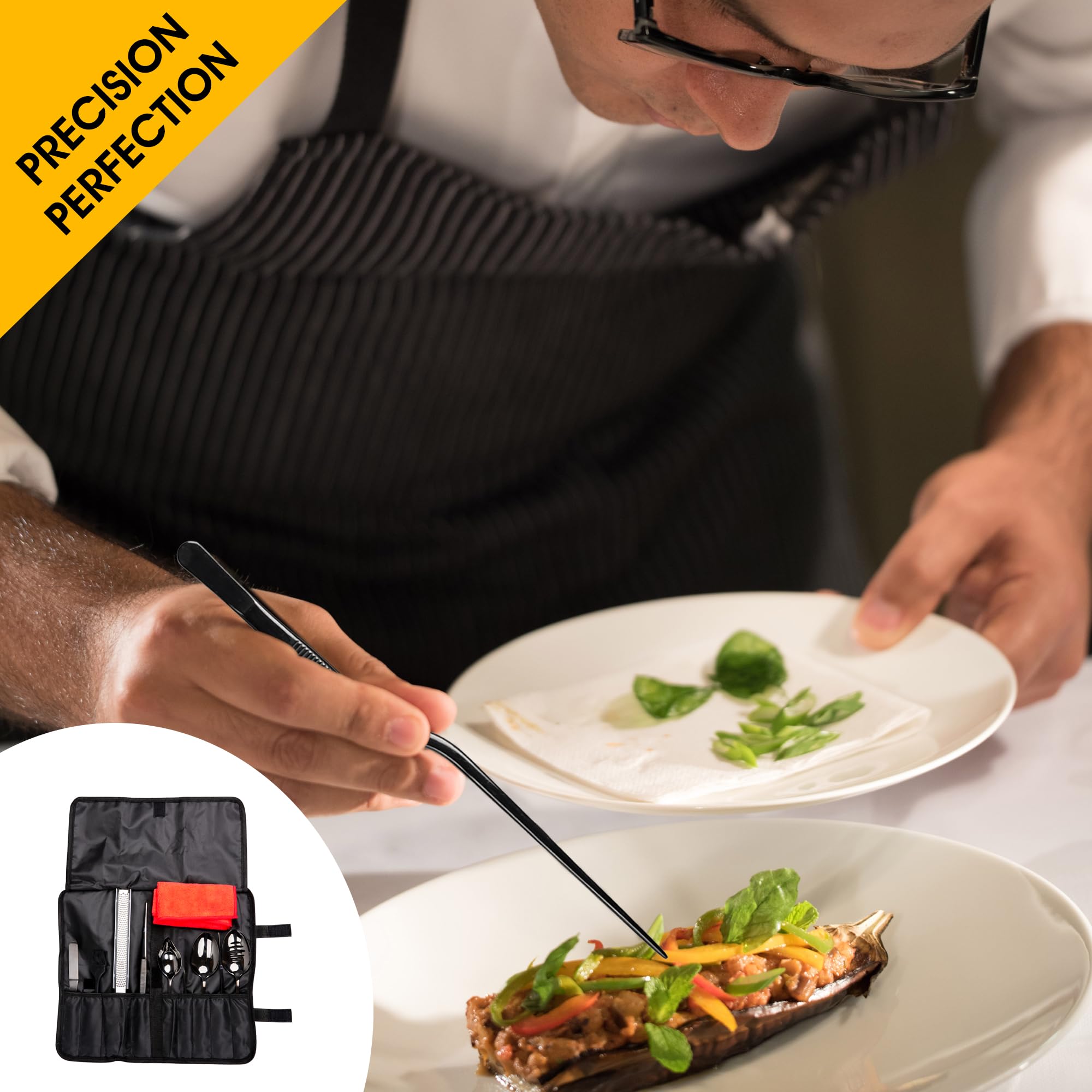 Set da cucina da 7 pezzi di utensili da cucina per placcatura nera (utensili professionali da chef), kit da chef con 3 cucchiai da placcatura, 3 pinzette per placcatura, spatola offset. In dotazione