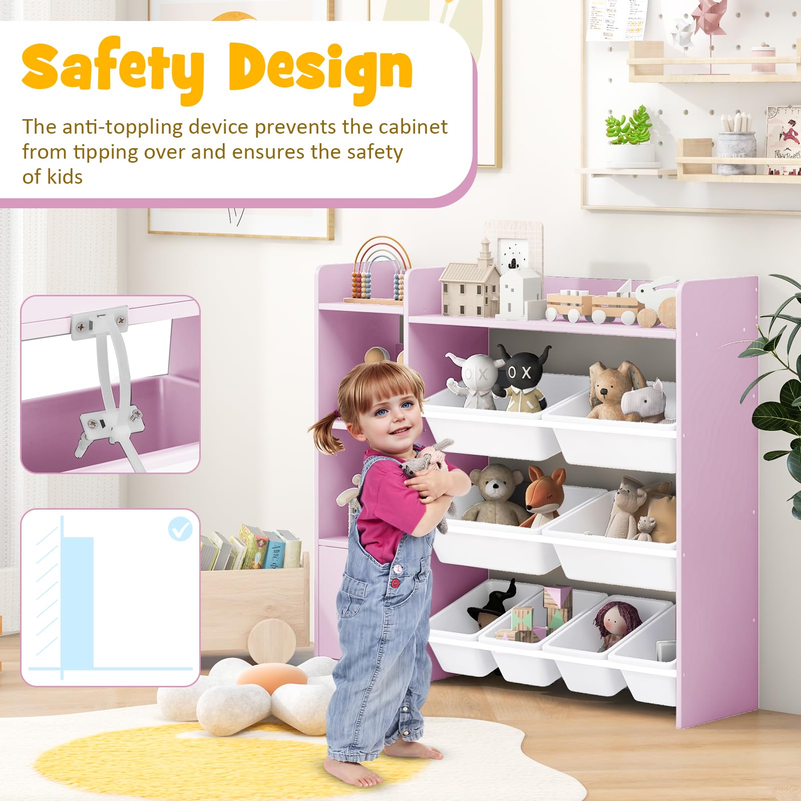 GYMAX Organizzatore per giocattoli, libreria a 4 ripiani per bambini con 8 cestini, ripiani aperti e armadio chiuso, libreria per bambini per stanza dei giochi, camera da letto, asilo (rosa)