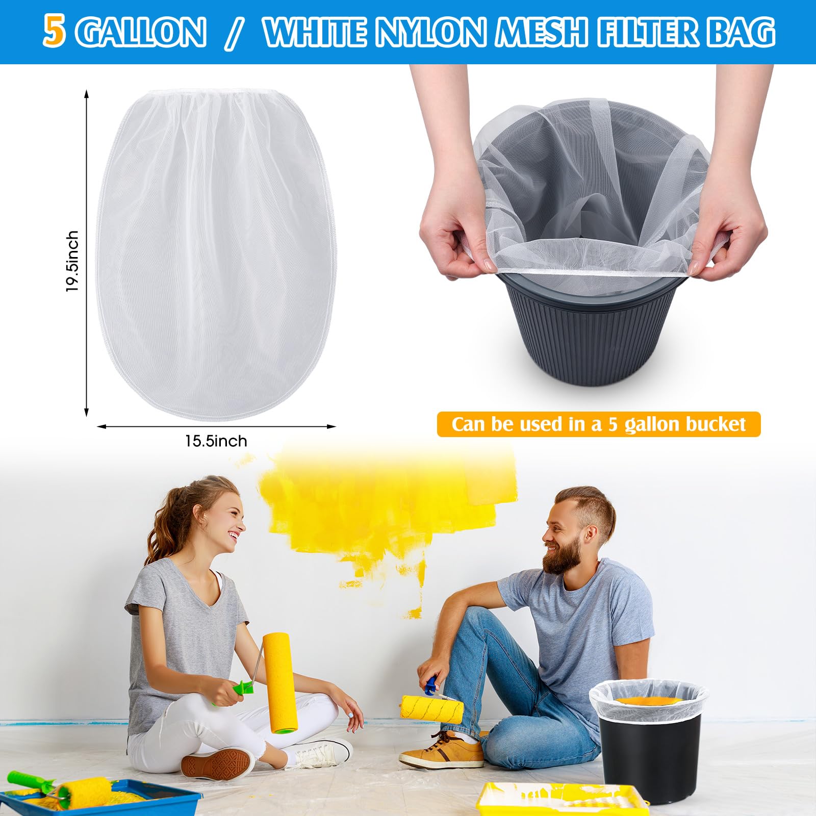 Boao 120 bolsas coladoras de pintura de malla fina blanca con parte superior elástica, filtro desechable para pintura, jardinería, protección de plantas (5 galones)