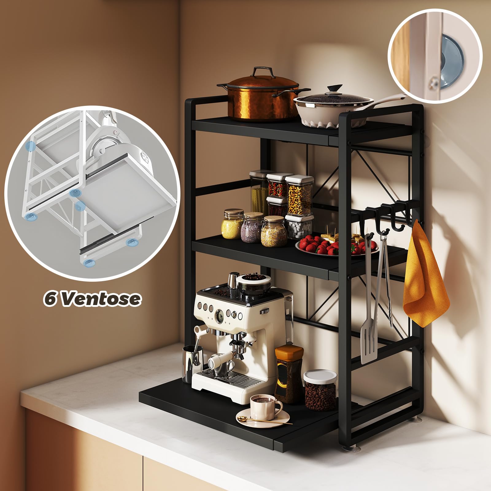 Scaffalatura per microonde a 3 ripiani, regolabile in altezza ed estraibile, con cassetto, in acciaio al carbonio, con ganci e ventose di rinforzo, scaffale da forno (nero)