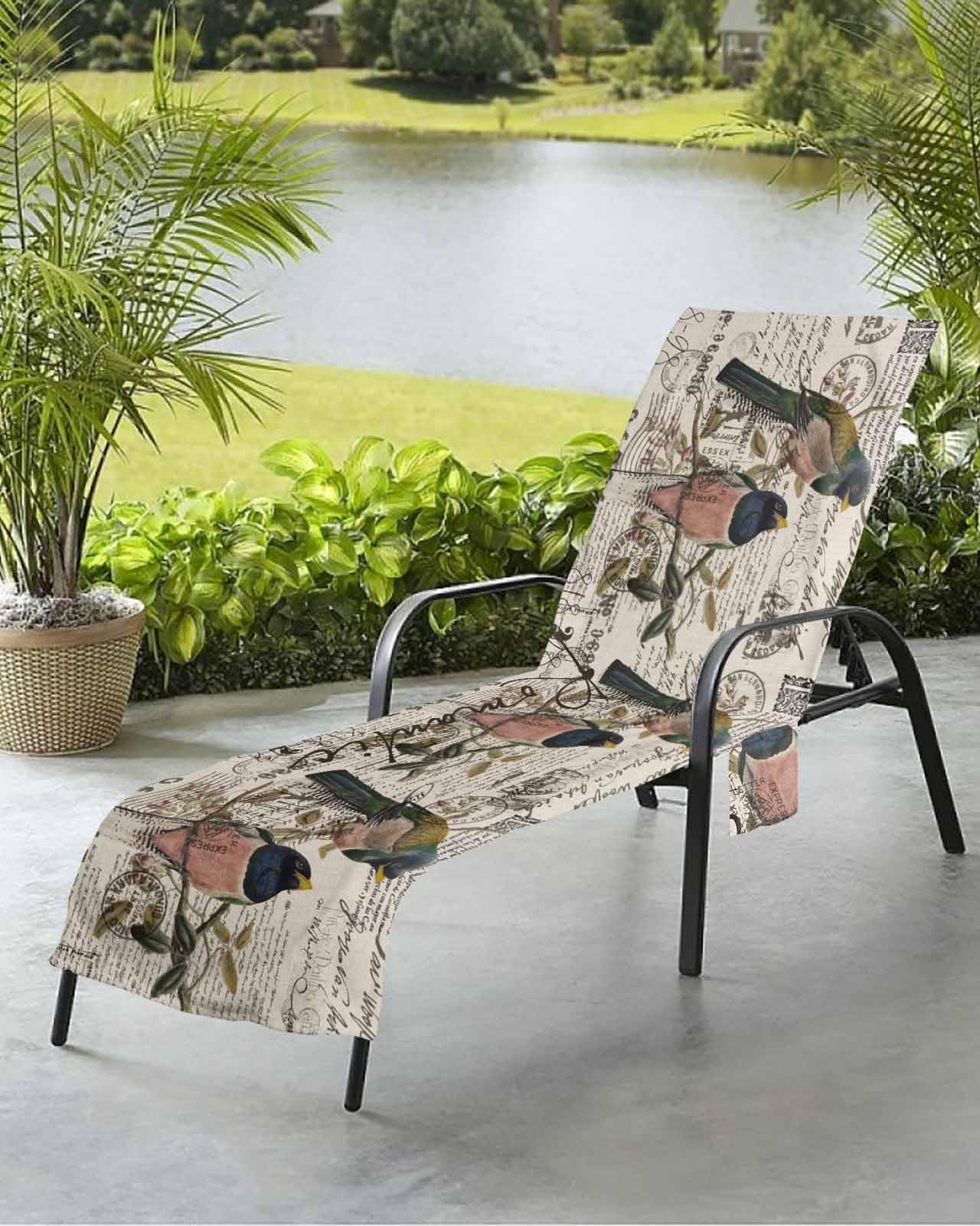 Old Newspaper Birds Beach Chair Towel Covers for Chaise Lounge with Side Pocket, Soft Plush Pool Towels Cover for Patio Sunbathing Outdoor English Newsprint Antique Beige 29''x85''