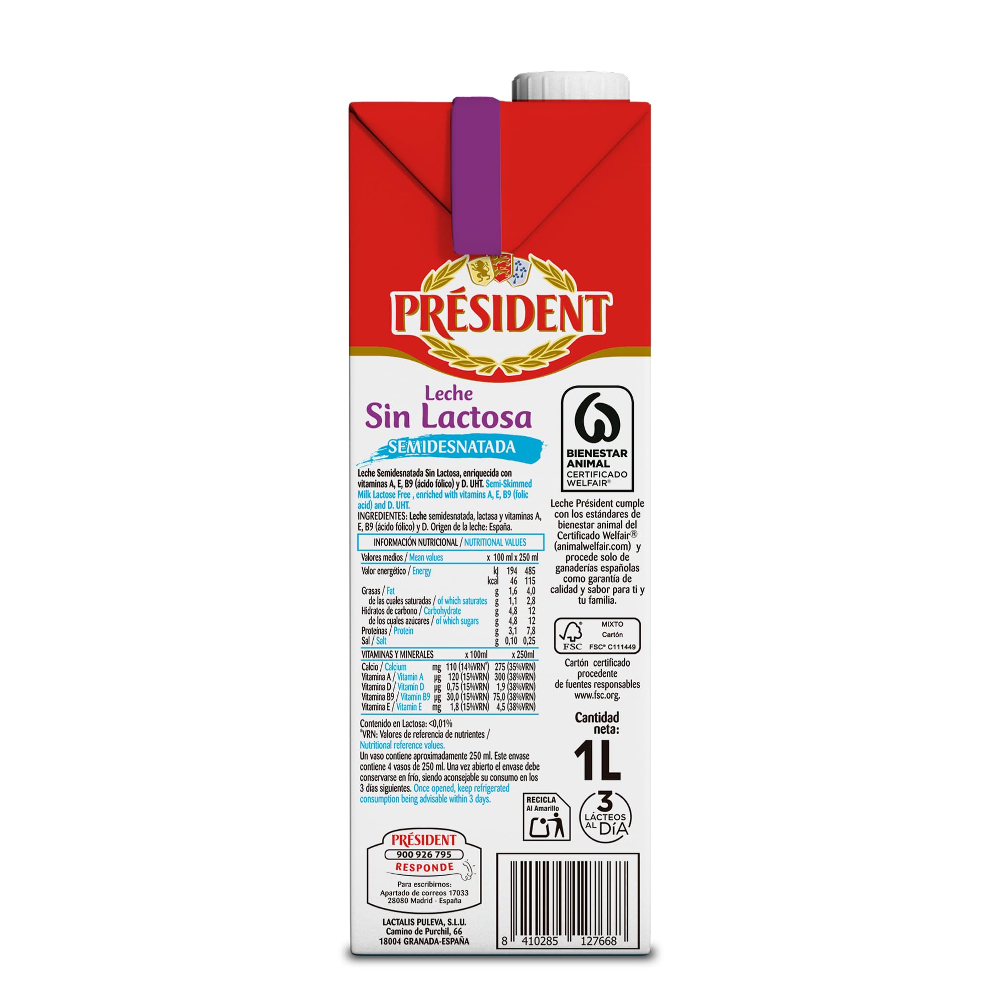 Président Leche Semidesnatada Sin Lactosa UHT Natural de Galicia Pack 6 x 1 L