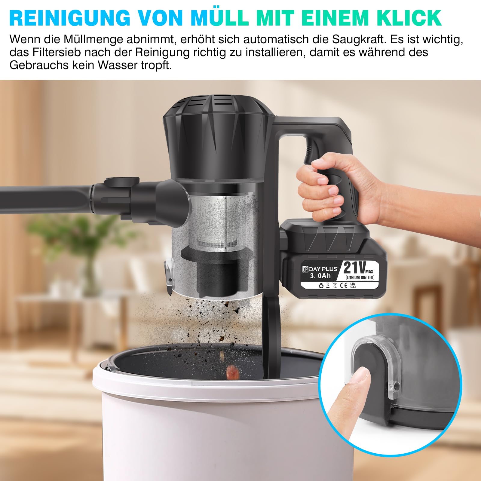 YouseaHome 15kpa Kabelloser Stabstaubsauger Kabelloser Staubsauger mit HEPA-Filter, Autostaubsauger Kabelloser Abnehmbarer Handstaubsauger mit 2x3000mAh Akkus, Handstaubsauger mit Led-Licht