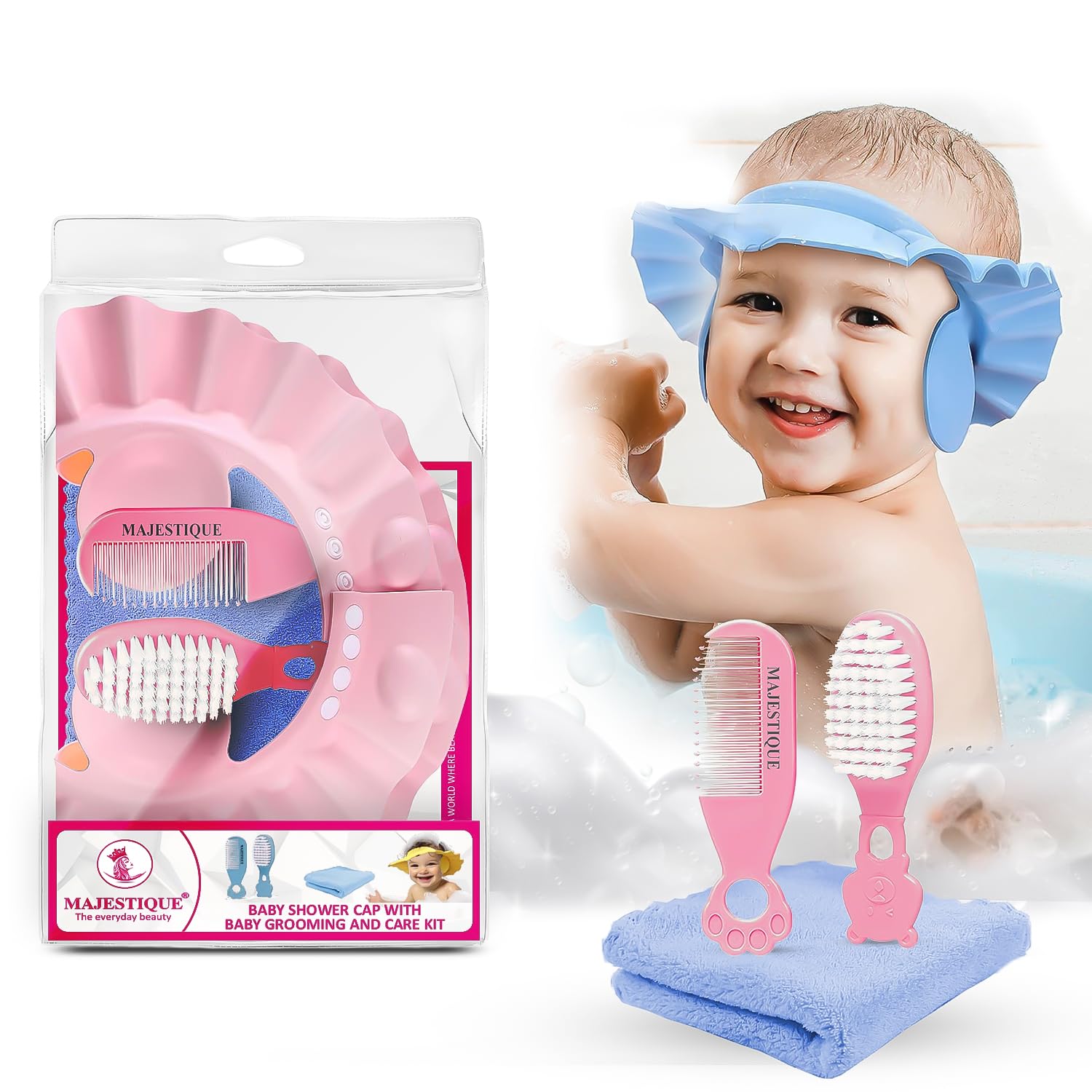 MAJESTIQUE Baby Grooming Kit With Baby Shower Cap|Portable Baby Care Kit For New Born Baby,Hair Brush,Bath Brush,Hanky For Toddlers (Pack Of 4),Multicolor