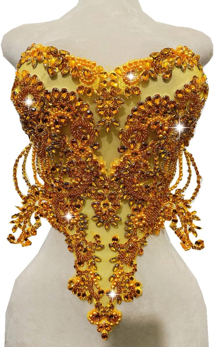 Handmade red/Blue/Gold/Green Rhinestones lace Bodice Applique Sewing Beads Crystal Trim Patches Accessory for Dress Clothes (Red)