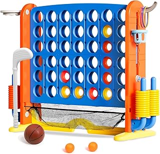Giant 4 in a Row Connect Game with Mesh Fabric | Height Adjustable 4-in-1 Jumbo 4-to-Score Yard Game Set with Basketball, Golf & Ring Toss | Outdoor Indoor Family Yard Party Game for Kids & Adults