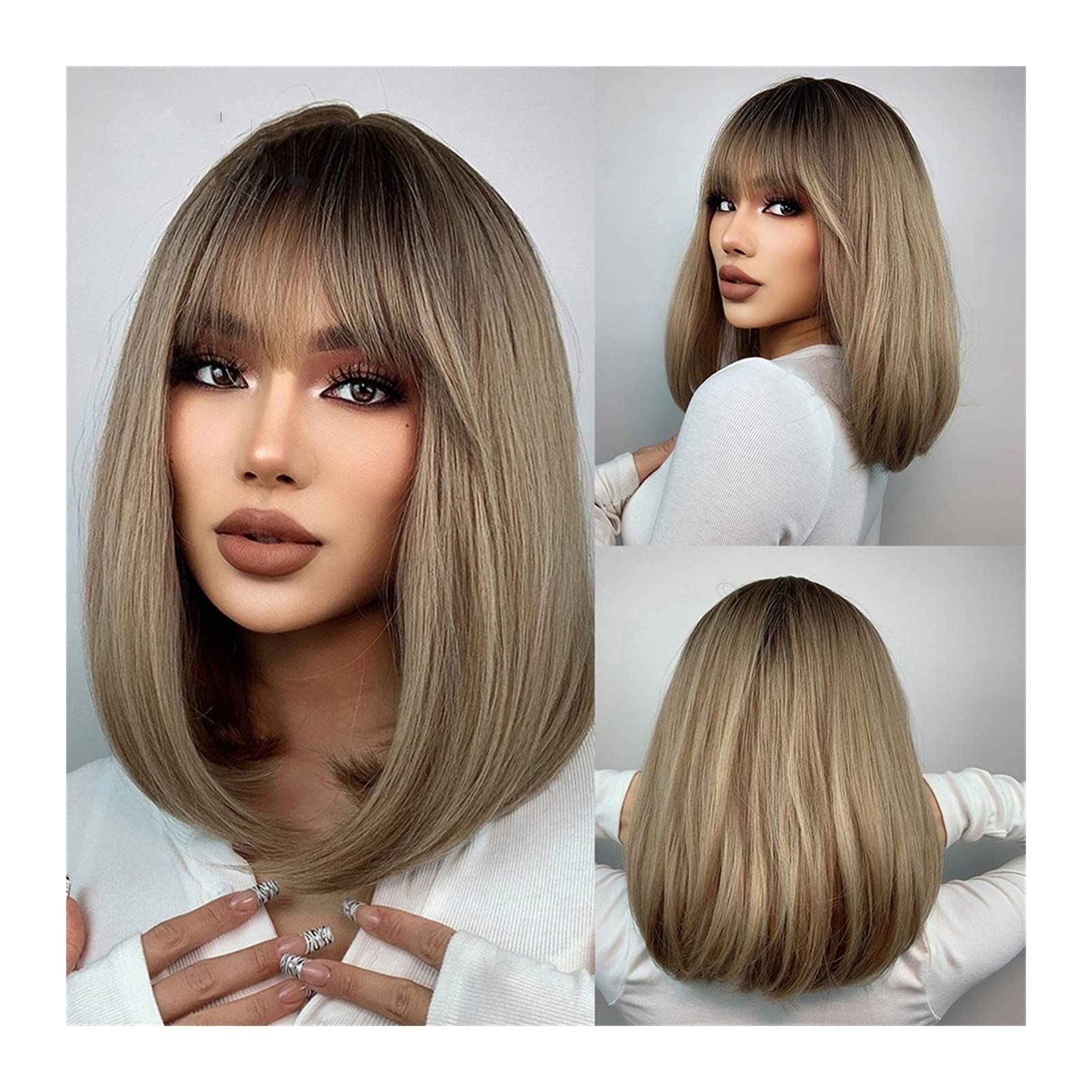 Perruque avec frange look quotidien brun doré longueur d'épaule