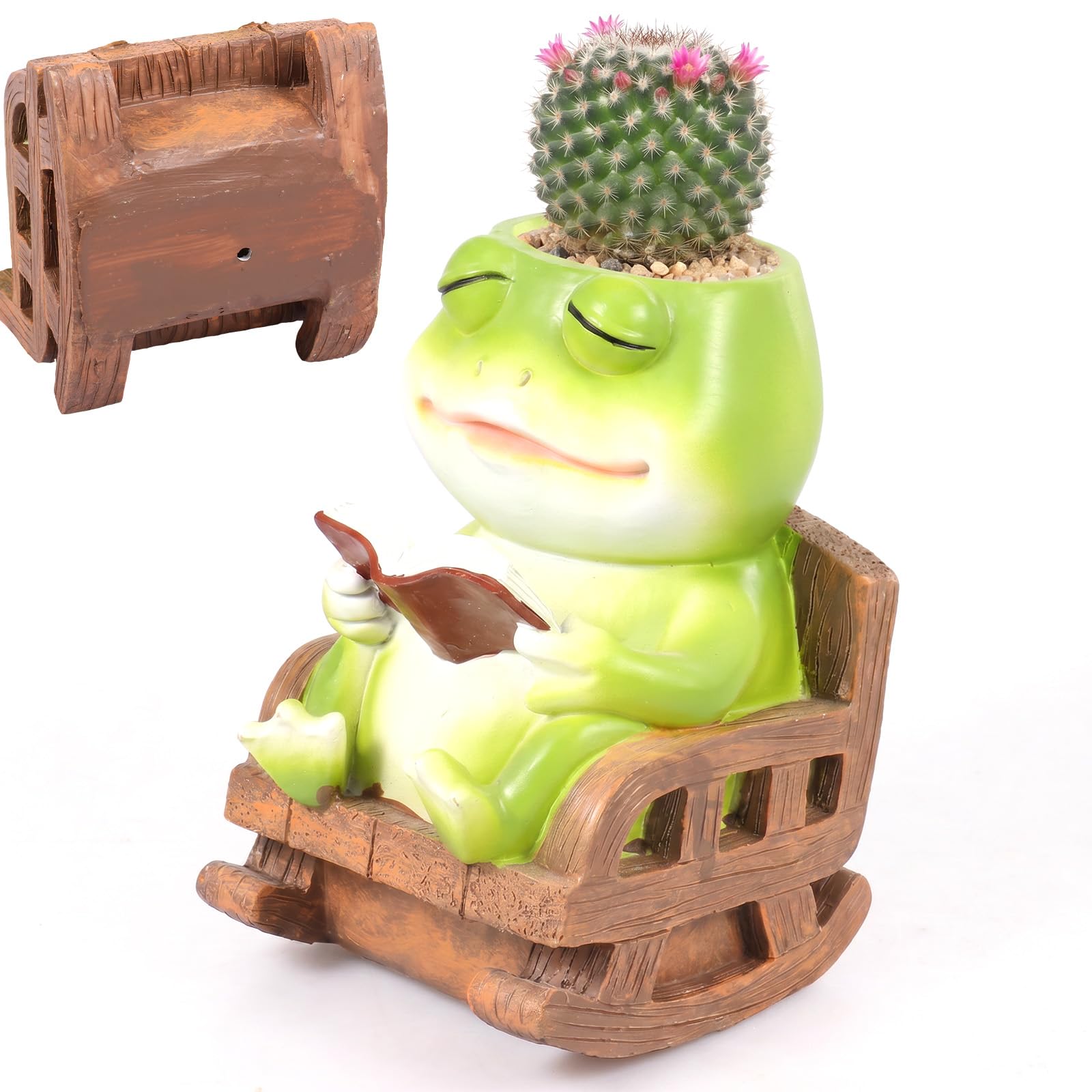 Bpyhebe Cartoon Animal Resin Planter Pot Highland Cow Frog Sitting Bench Succulent Cactus Pot with Drain Hole Indoor Desktop Decor(Frog)